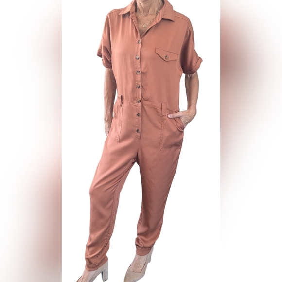 FRNCH Cognac Short Sleeve Button Up Utility One Piece Minimalist Jumpsuit Size S - Picture 14 of 16